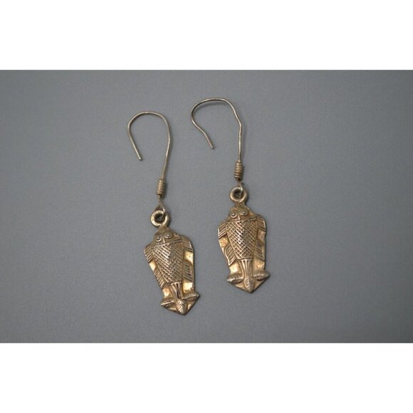Sterling Silver Drop Earrings Carved Fish on Hooks 6.3 g Sterling 925 2" - Picture 1 of 6